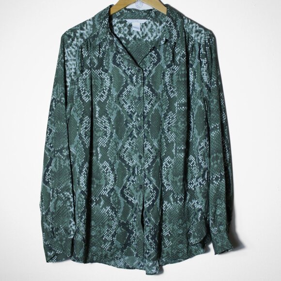 H&M Blouse Womens Size 16 Green Long Sleeve Button Up Snake Animal Print Career - Picture 1 of 6
